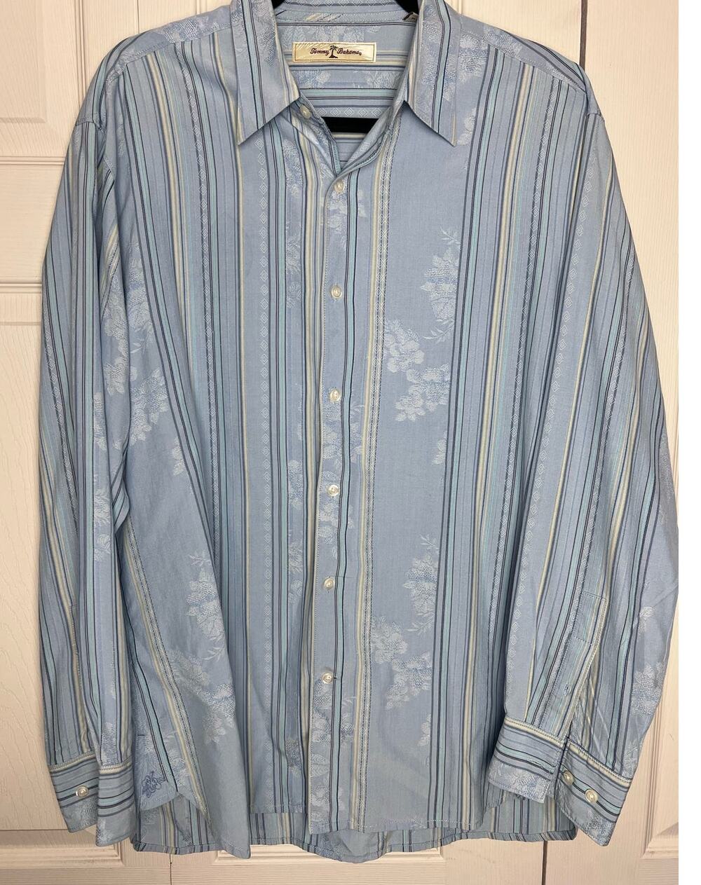 Tommy Bahama Silk Cotton Long Sleeve Button Up Shirt Blue Striped Floral Size L